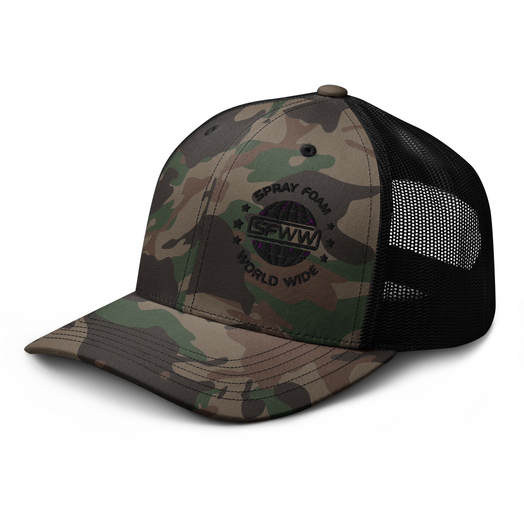 SFWW Black Logo Camo Trucker Hat – Spray Foam World Wide SFWW Black Logo Camo Trucker Hat – Spray Foam World Wide